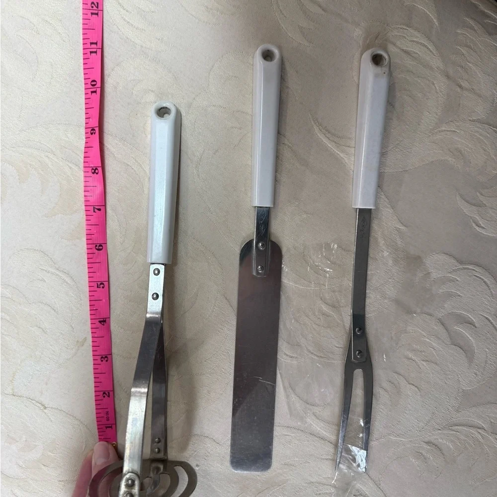 Vintage EKCO Stainless Steel Serving Utensils Milk Glass Handles Mid-Century Set